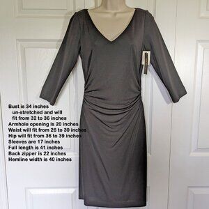 David Meister NWT Little Black Dress, 34" bust 3/4 sleeve Ruched seams, Made USA